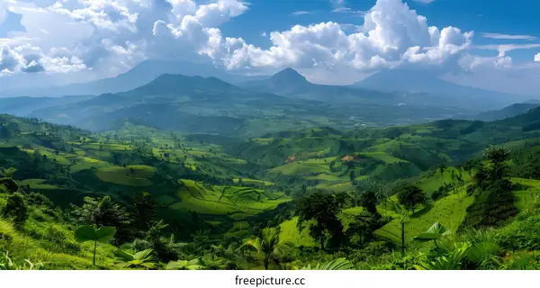 panoramic green mountain landscape with clouds