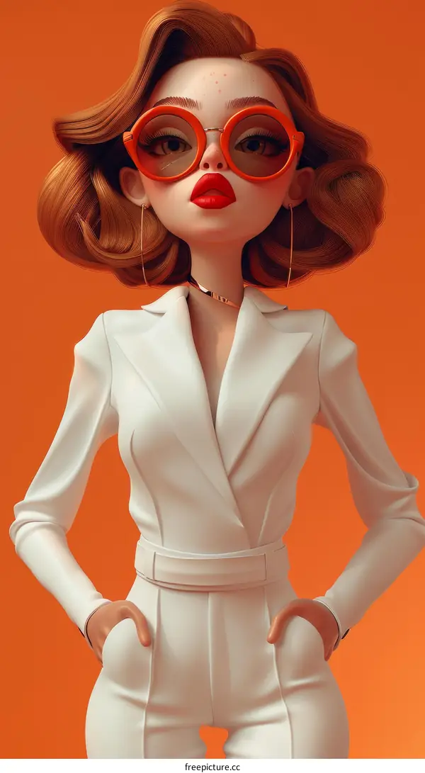 3D illustration of a woman wearing a white suit and red sunglasses