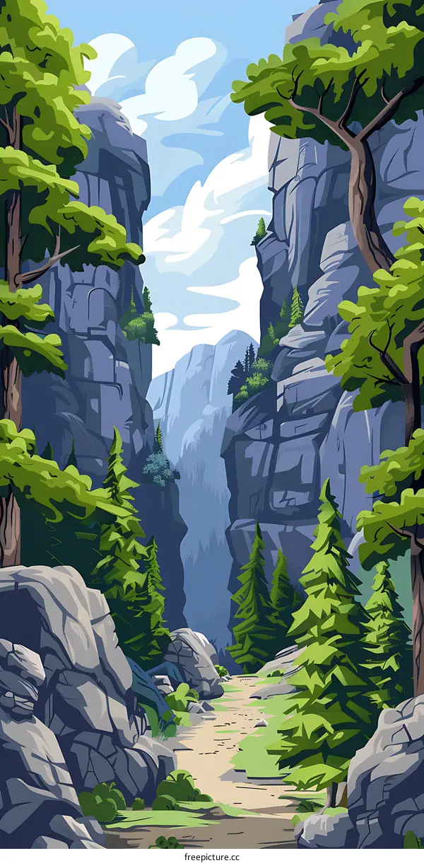 Mountain Landscape Illustration With Green Trees And Rocks