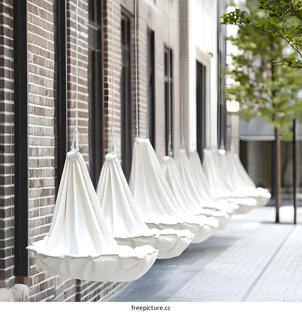 White Fabric Hanging Chairs in Row Along Brick Wall