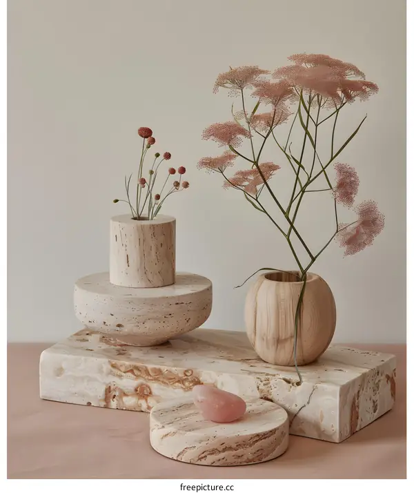 Minimalist Home Decor with Dried Flowers and Stone Vases