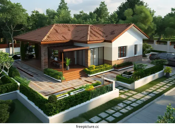 A modern house with a beautiful garden