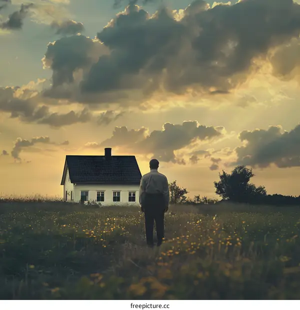 Man in field of flowers at sunset