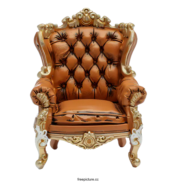 [Transparent Background PNG]Brown Leather Armchair With Gold Accents