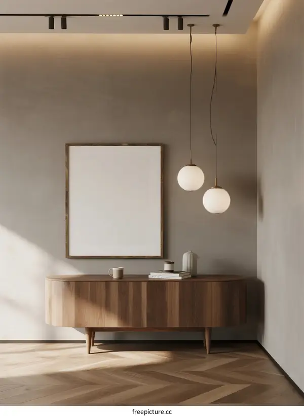Modern Living Room with Wooden Sideboard and Pendant Lamps
