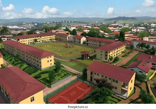 Aerial View of a Residential Complex with Green Spaces and Playgrounds