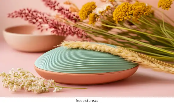 Close Up Of Green And Pink Ceramic Bowl With Dried Flowers And Wheat