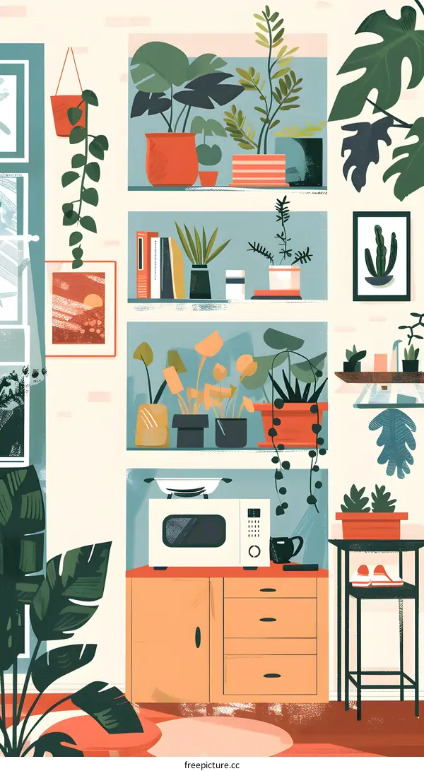 Modern Kitchen Interior Illustration With Plants and Microwave