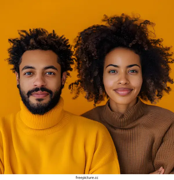 Portrait of a young couple with curly hair smiling at the camera