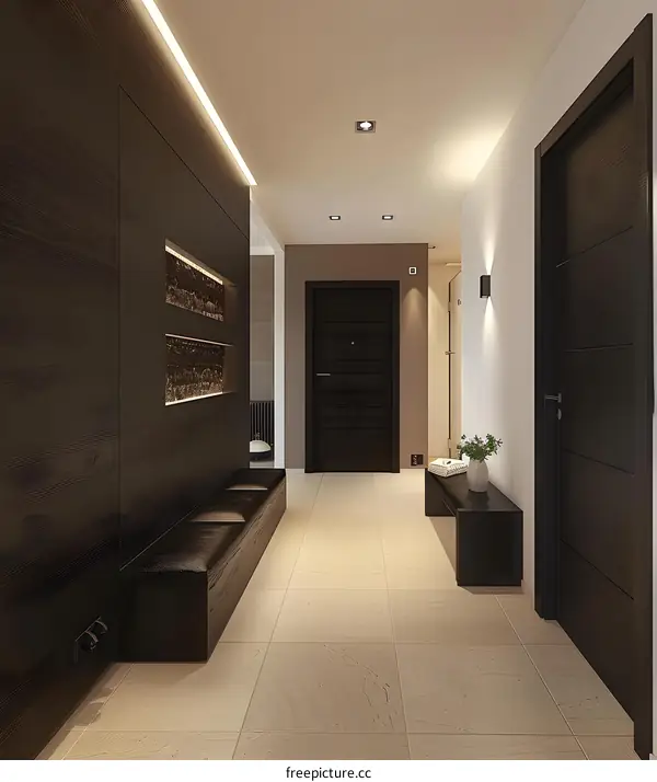Modern Minimalist Interior Design Hallway with Black Wall and Beige Tile Floor