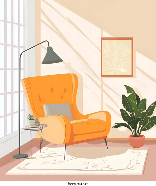 Cozy Living Room with Orange Armchair and Green Plant