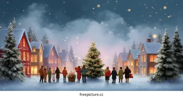 Winter Christmas Caroling in a Snowy Village