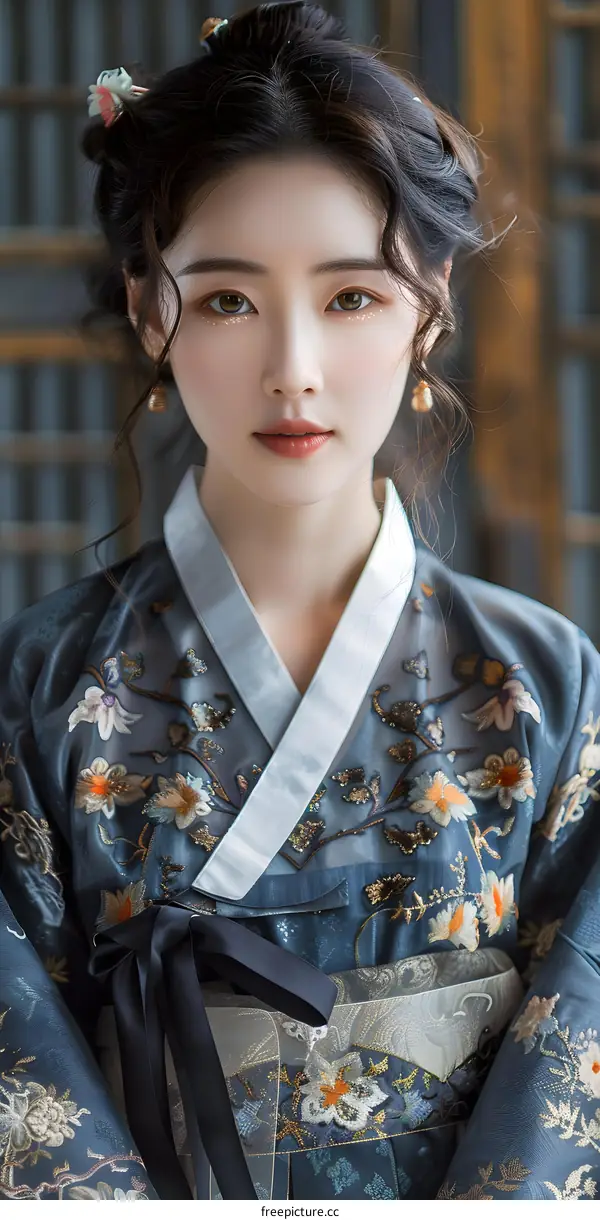 Portrait of a young woman in traditional Korean dress, or Hanbok