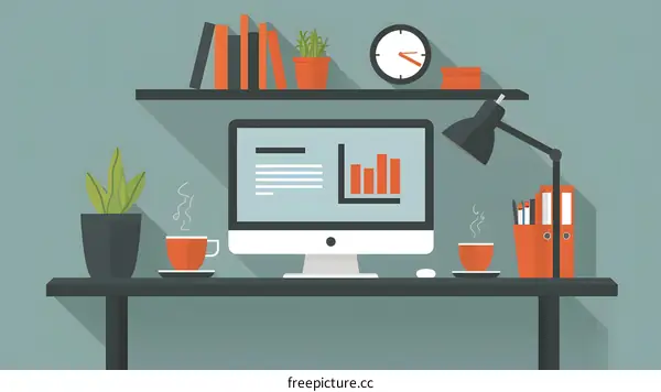 Modern Flat Style Office Desk Illustration