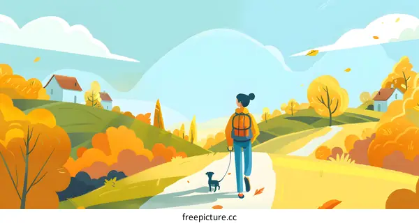 Woman Walking With Dog On A Country Road In Autumn