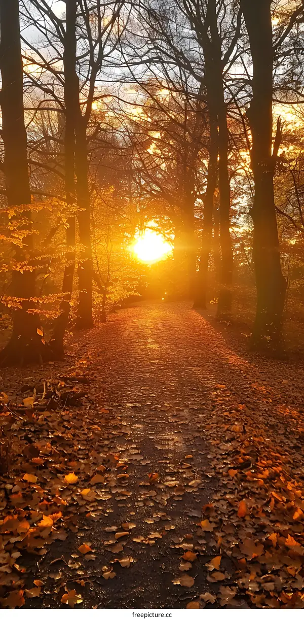 The sun shines through the trees in the autumn forest