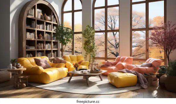 Stylish Living Room with Floor-to-Ceiling Windows and Comfortable Seating