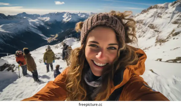 Young woman with curly hair smiling in front of a snowy mountain landscape