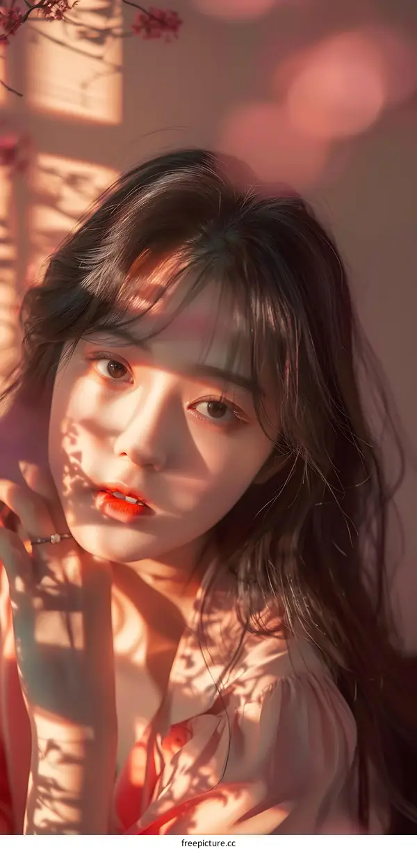 Portrait of a Beautiful Asian Woman with Pink Flowers in the Background