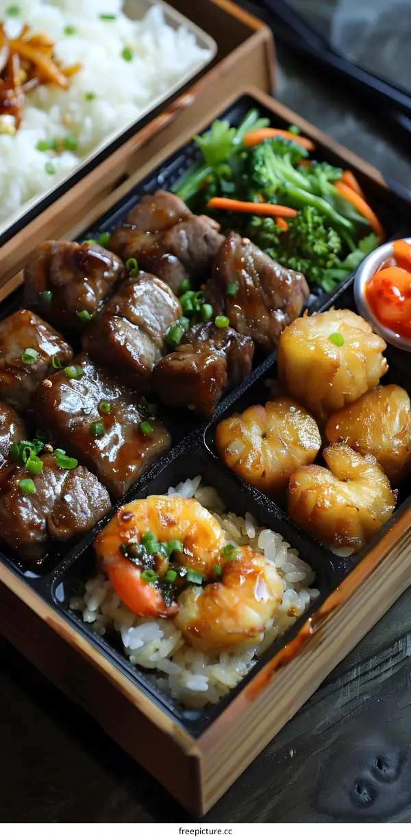 Japanese Bento Box with Beef and Seafood