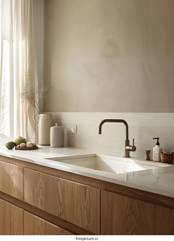 Modern Kitchen Sink with Gold Faucet and White Countertop