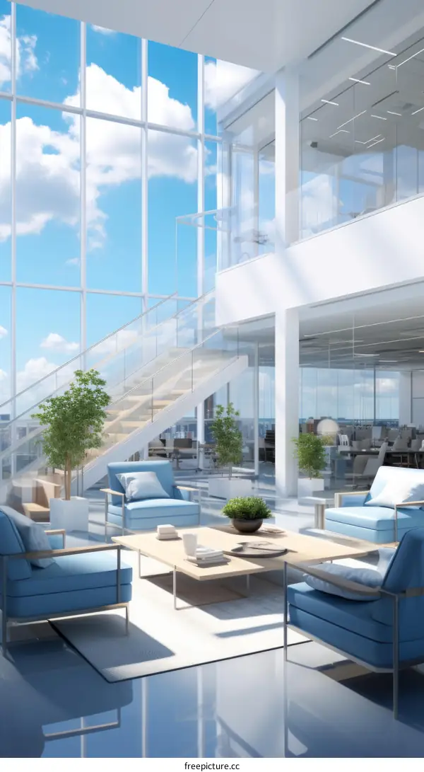 Modern Office Interior with Large Windows and Blue and White Design
