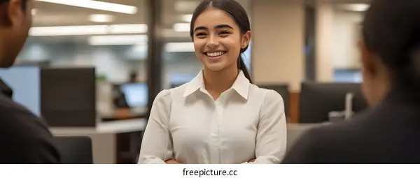 Smiling Businesswoman Talking To Colleagues In Modern Office