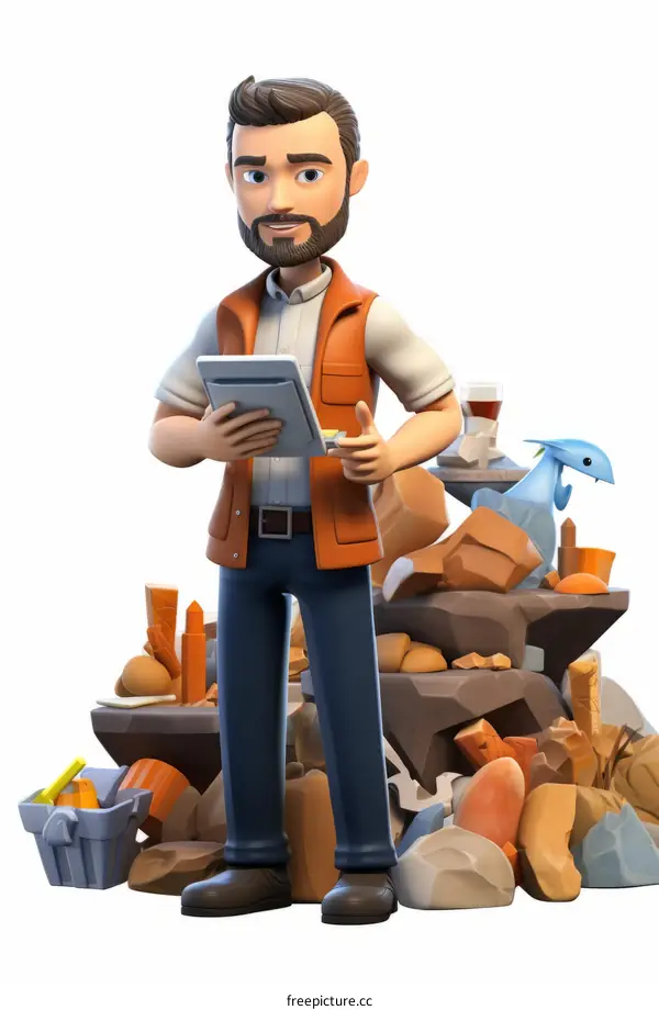 A male archaeologist is studying a pile of rocks. There is a blue creature standing on the rocks.