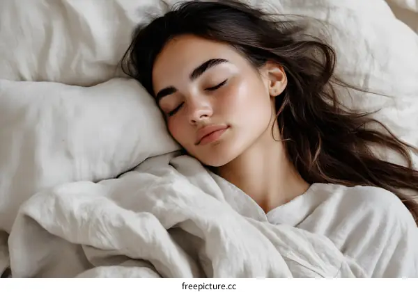 Woman Sleeping In Bed With White Linen Sheets