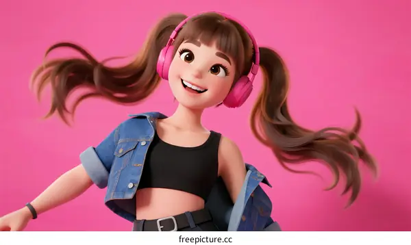 A Young Girl with Pigtails Wearing Headphones and Denim Jacket