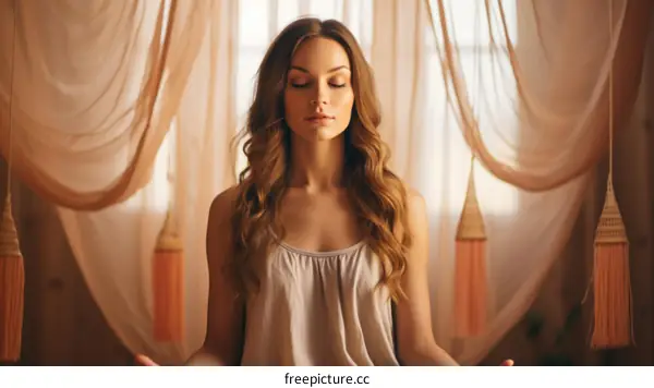 Calm and relaxed young woman meditating in a peaceful setting