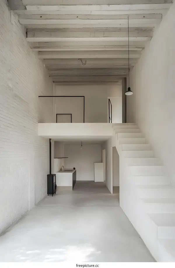 Minimalist Loft Apartment Interior Design with White Walls and Exposed Beams