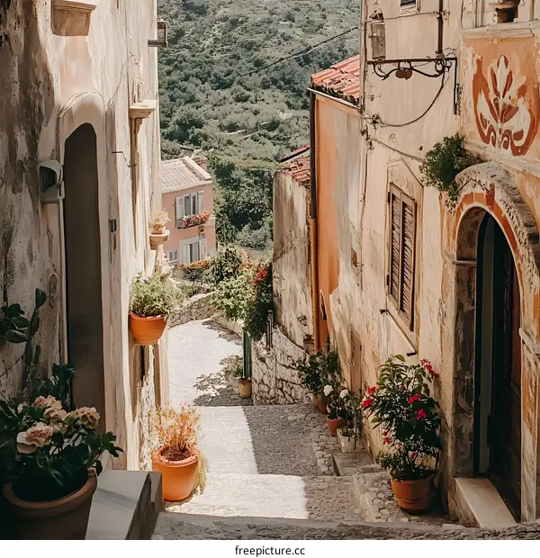 Narrow cobblestone street in an Italian village with terracotta flower pots