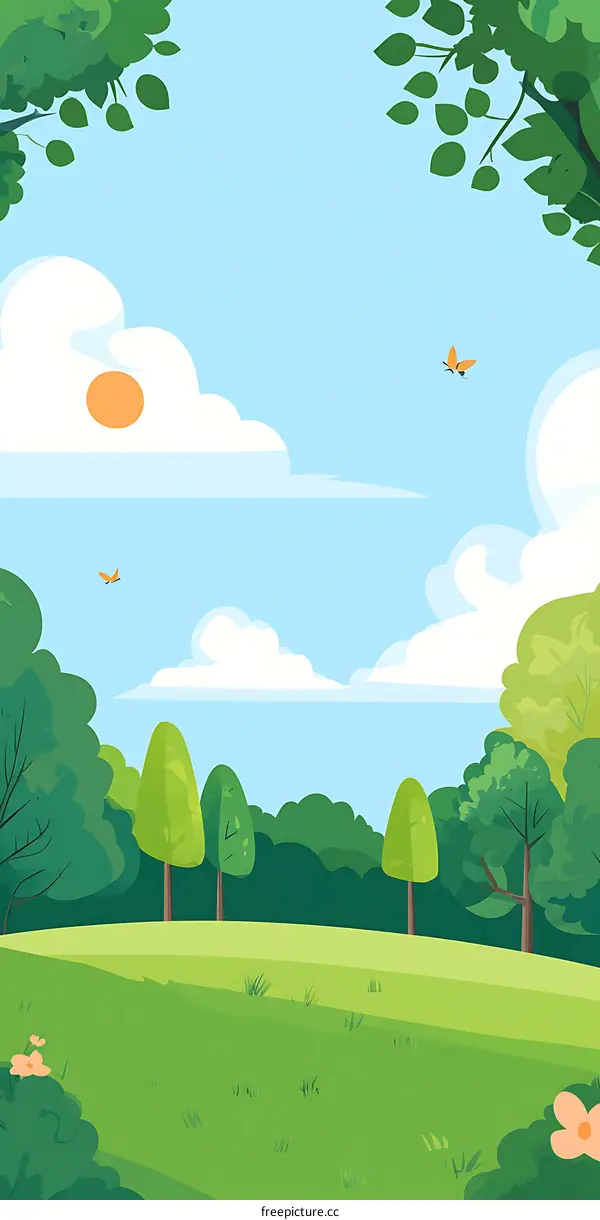 Green Meadow Landscape With Blue Sky and Butterflies