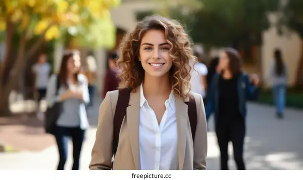 A young woman with curly hair smiles in front of a blurred background of people