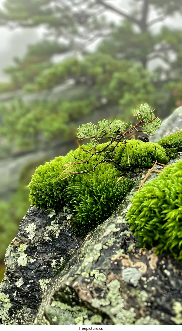Green Moss and a Small Pine Tree Growing on a Rock