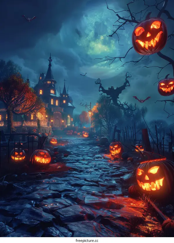 Spooky Haunted House Silhouette at Night with a Path and a Moon