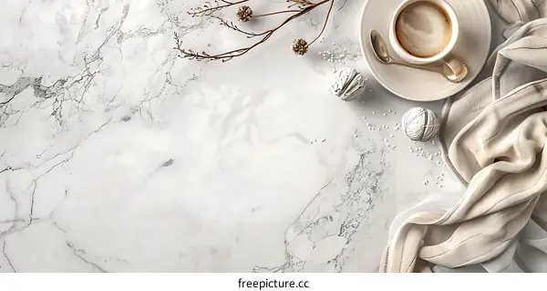White Marble Background with Coffee Cup and Twine