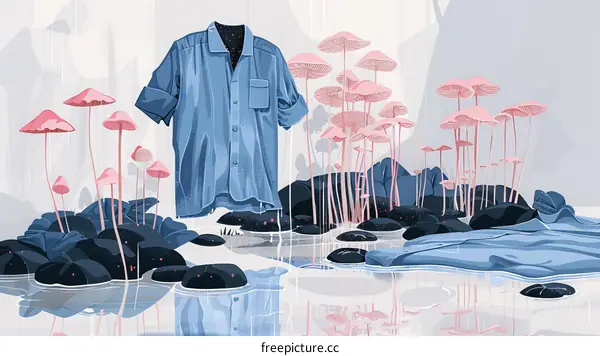 Blue Shirt and Pink Mushrooms