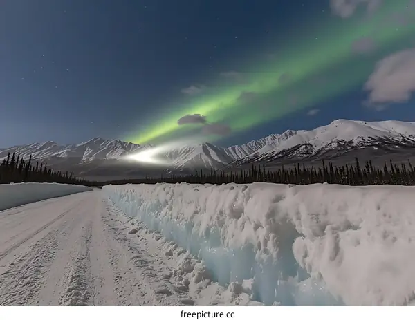Northern Lights Aurora Borealis Over Snow Covered Road in Alaska