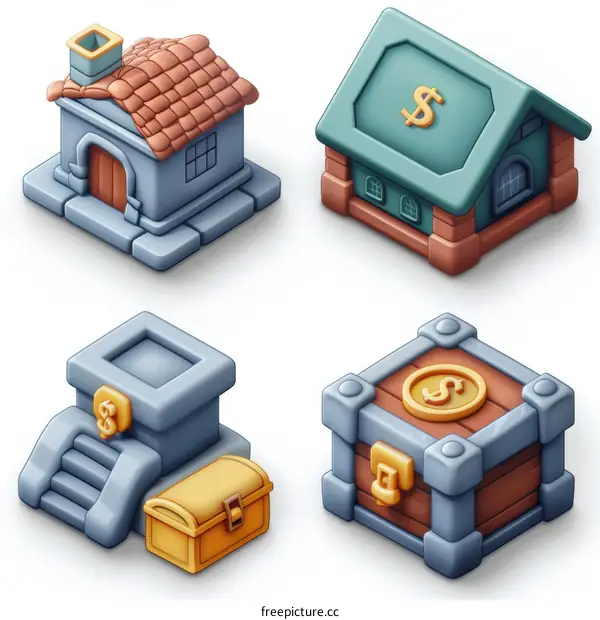 A set of 3D isometric fantasy buildings