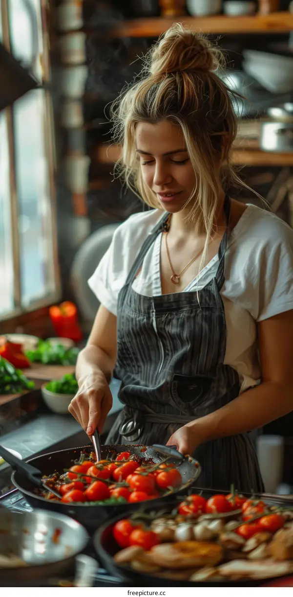 Smiling Woman Cooking with Tomatoes in Kitchen
