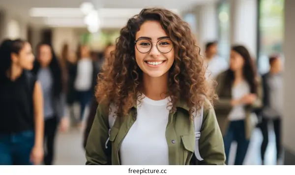 Portrait of a smiling young woman with curly hair wearing glasses standing in a hallway