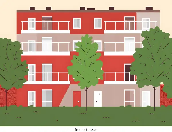 Modern Apartment Building with Green Trees and Balconies