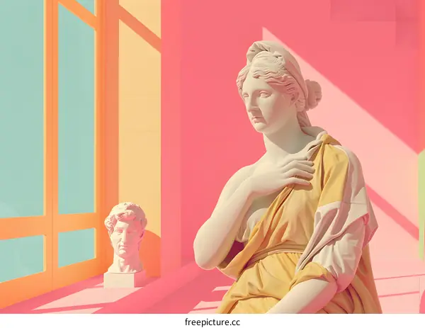 Greek Statue in Modern Minimalist Setting with Pastel Colors