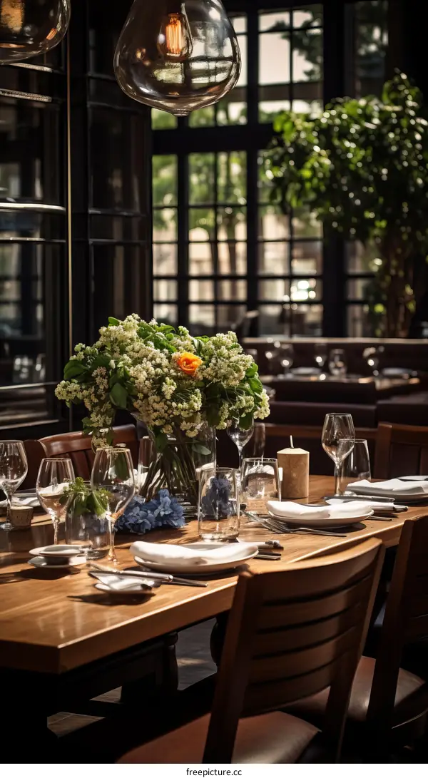 Elegant restaurant interior with a large bouquet of flowers on a wooden table