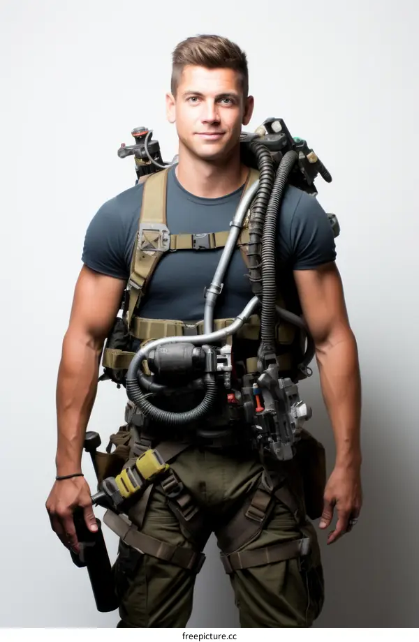 A Firefighter Wearing Protective Clothing and Oxygen Tank