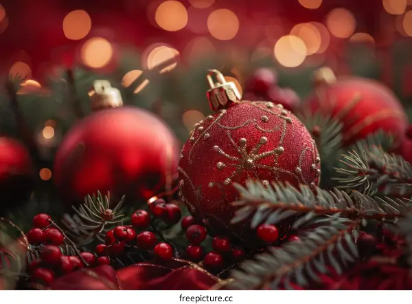 Red and gold Christmas ornaments with holly berries and pine