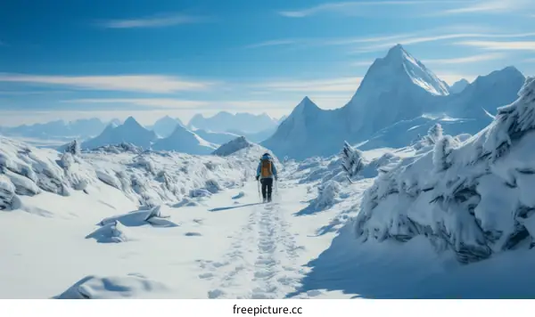 A solitary hiker ascends a snowy mountain peak