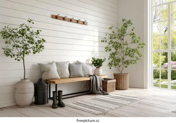 Cozy Farmhouse Entryway with Wooden Bench